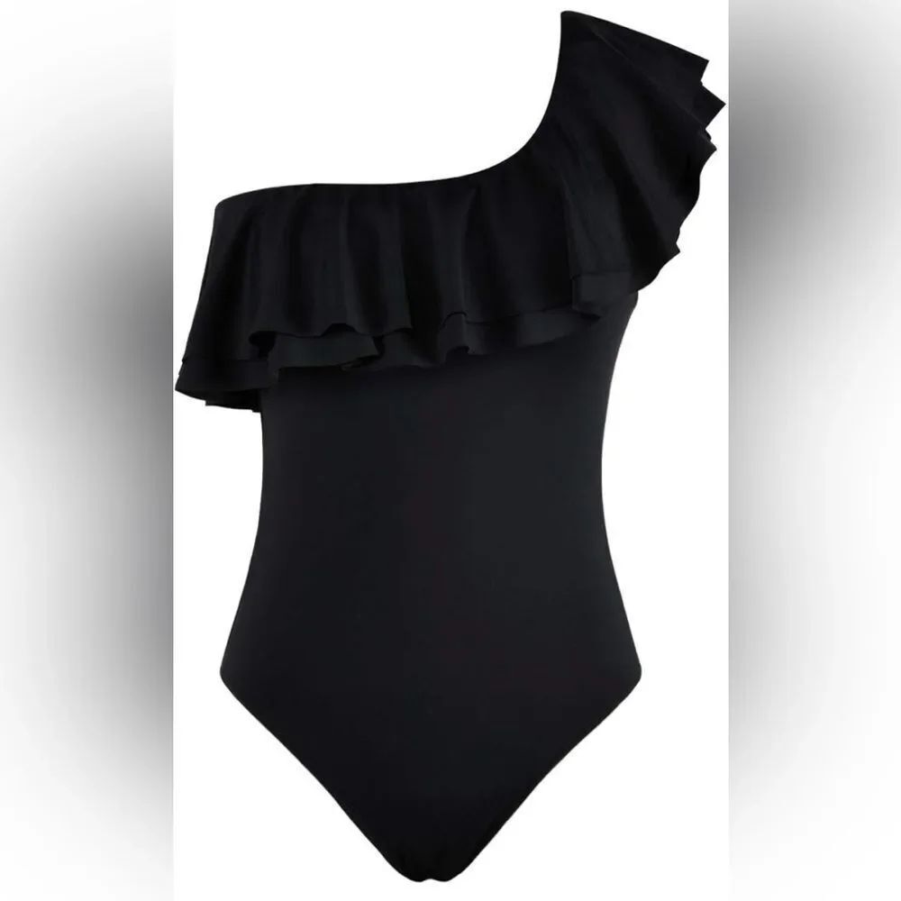 Hilor One-Shoulder Black Ruffle Swimsuit size 6 NWT